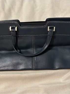 Anne Klein Navy Leather Shoulder Bag with Contrast Stitching